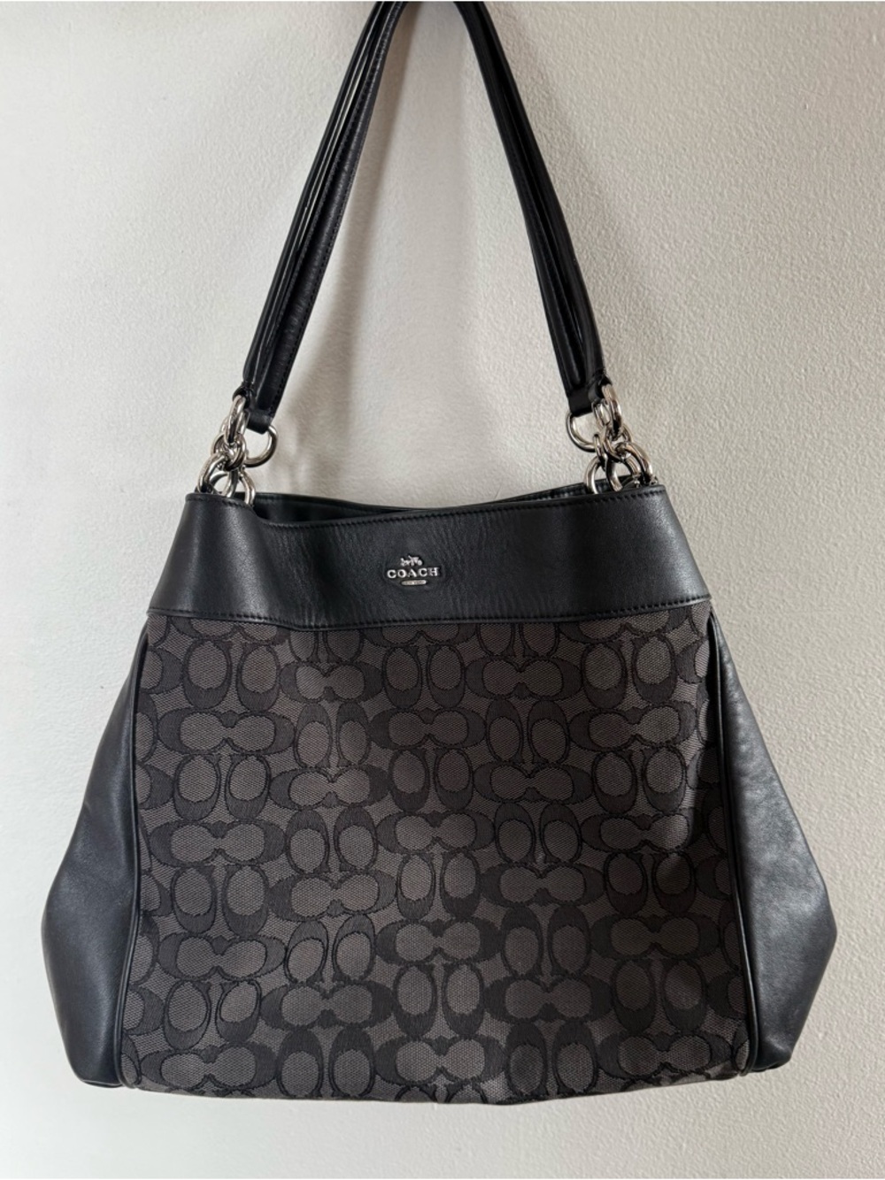 COACH Signature Jacquard Shoulder Bag Black Grey C Monogram Leather Trim Y2K